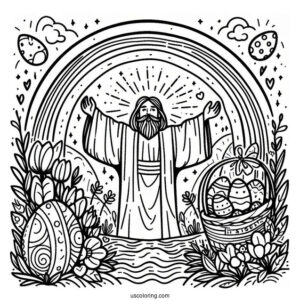 Easter Coloring Page Of He Is Risen With Rainbow For Kids
