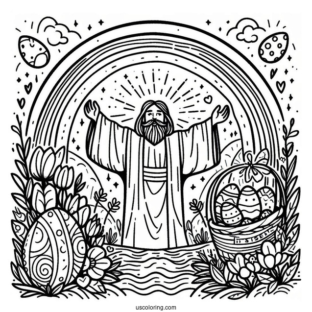 Easter Coloring Page Of He Is Risen With Rainbow For Kids