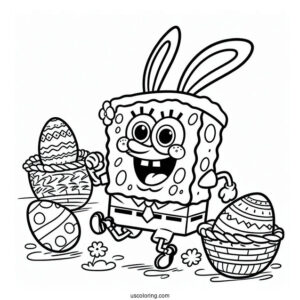 Easter Coloring Page Of SpongeBob In Bunny Costume Running With Easter Eggs