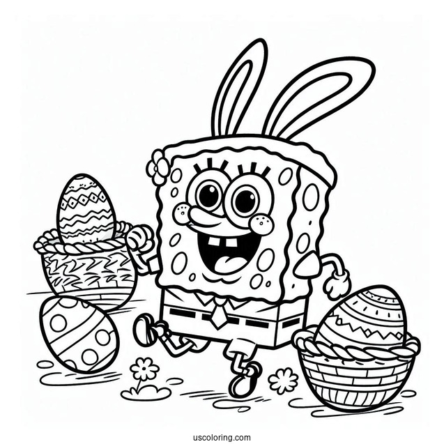 Easter Coloring Page Of SpongeBob In Bunny Costume Running With Easter Eggs