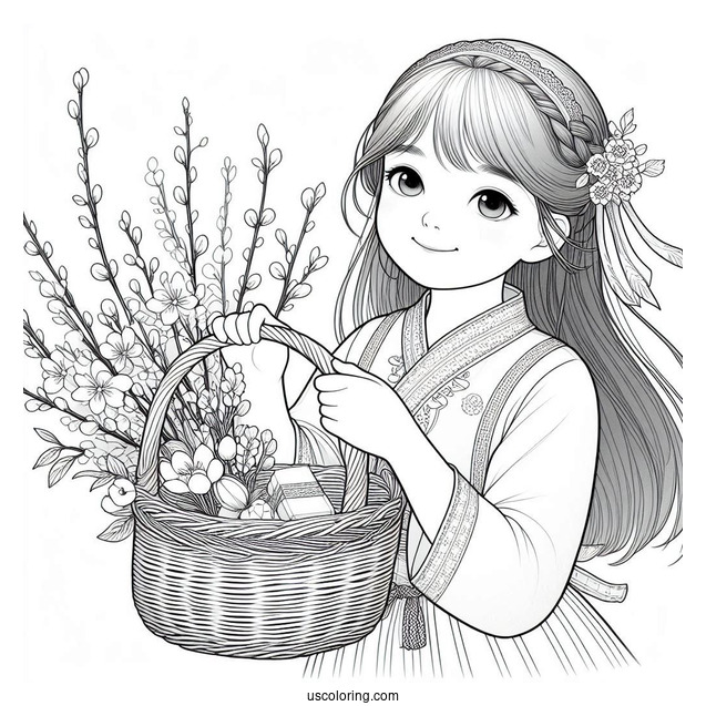 Realistic Little Girl Holding Basket Of Spring Coloring Page Flowers