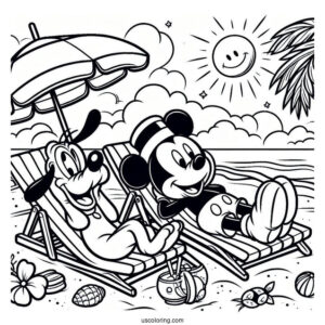 Mickey Mouse And Pluto Lounging At The Beach Coloring Page