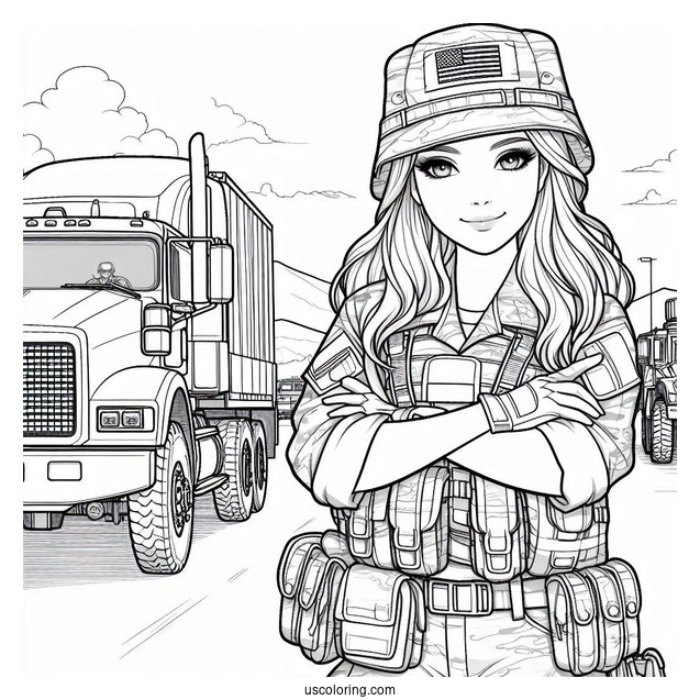 Female Soldier Coloring Page Standing In Front Of Military Truck
