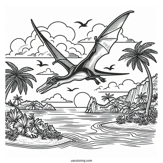 Detailed Pterodactyl Coloring Page Flying Over Island