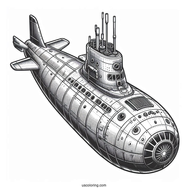 Top View Of Detailed Submarine Coloring Page