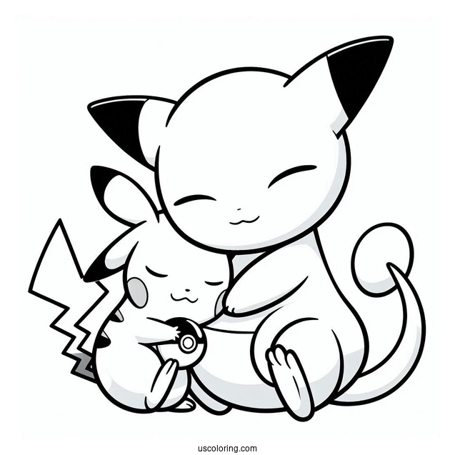 Mew Coloring Page And Pikachu Embracing Pokeball