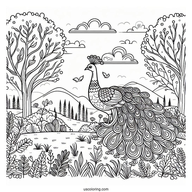 Majestic Peacock Coloring Page in Forest Landscape with Trees and Clouds