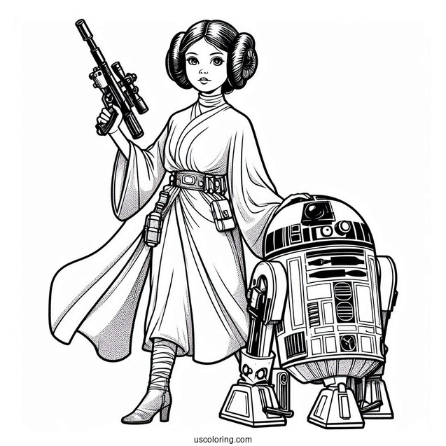Princess Leia Holding Blaster And R2-D2 Coloring Page