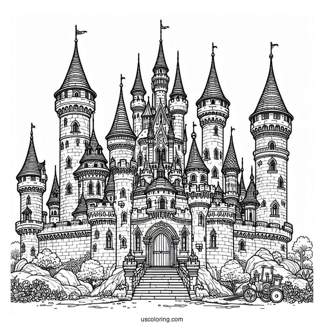 Massive Castle Coloring Page With Towers In The Corner