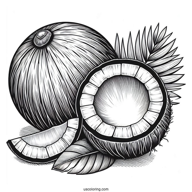 Realistic Whole And Half Coconut Coloring Page For Kids