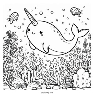 Cute Narwhal Coloring Page Swimming In A Coral Reef For Kids