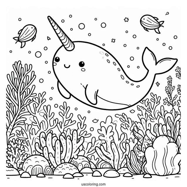 Cute Narwhal Coloring Page Swimming In A Coral Reef For Kids