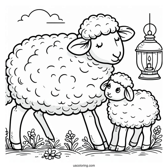 Mother Sheep And Lamp On Grass Coloring