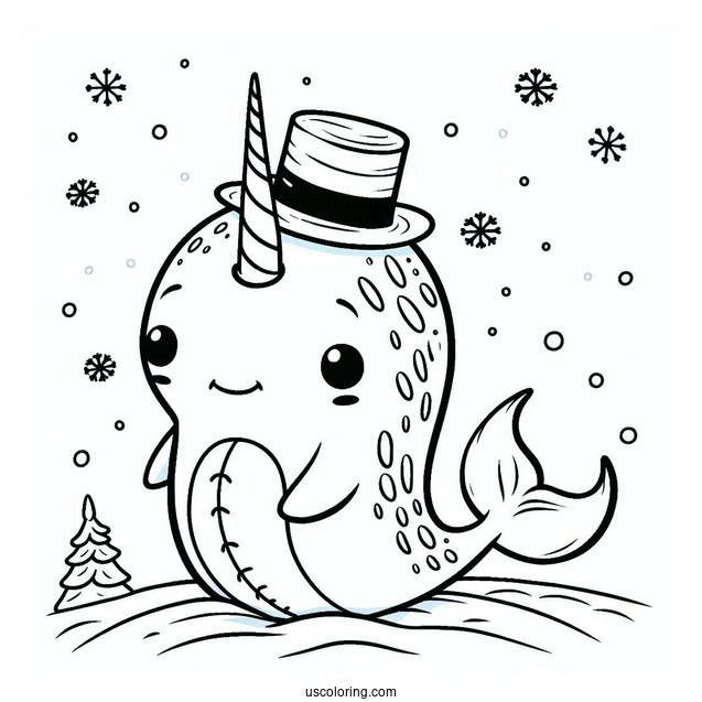 Narwhal Coloring Page With Top Hat Standing With Stitch In The Snow