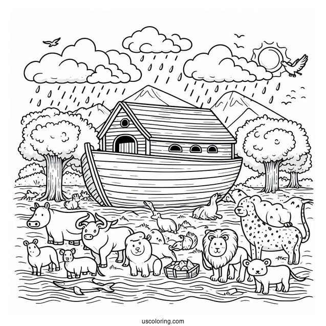 Noah's Ark Coloring Page With The Animals Outside The Ark