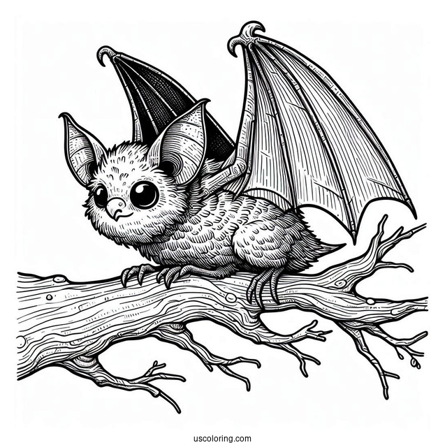 Scary Bat Coloring Page Roosting On Tree Branch