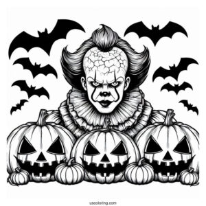 Pennywise Coloring Page With Bats And Jack O Lanterns