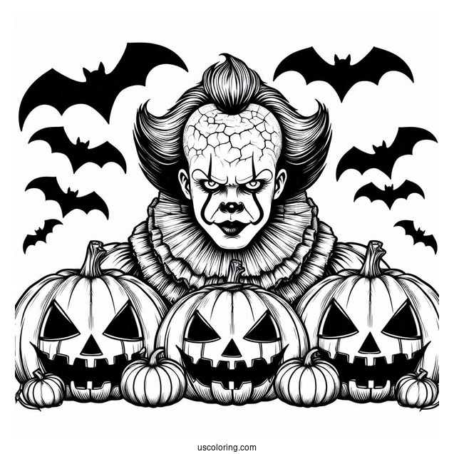 Pennywise Coloring Page With Bats And Jack O Lanterns