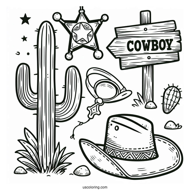 Cowboy Coloring Page Hat, Sheriff s Badge, Cactus, And Wooden Road Sign