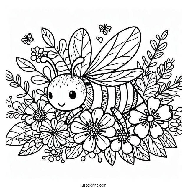 Bee Coloring Page Lying On A Pile Of Flowers And Leaves