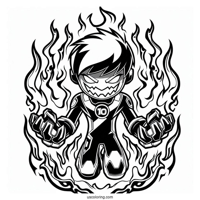 Ben 10 Coloring Page Of XLR8 Surrounded By Flames