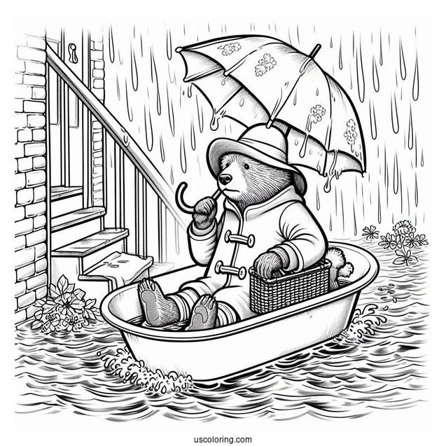 Paddington Coloring Page Riding Bathtub Down A Flooded Stairs