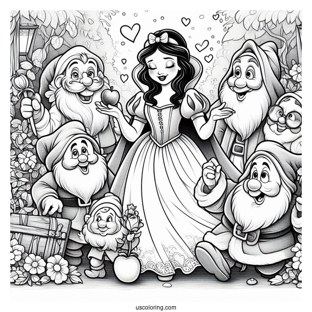 Detailed Snow White Coloring Pages Surrounded By The Dwarves, Prince Charming, And The Evil Queen