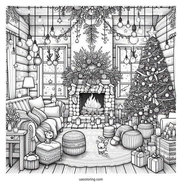Christmas Coloring Pages For Adults Of Detailed Cozy Christmas Living Room