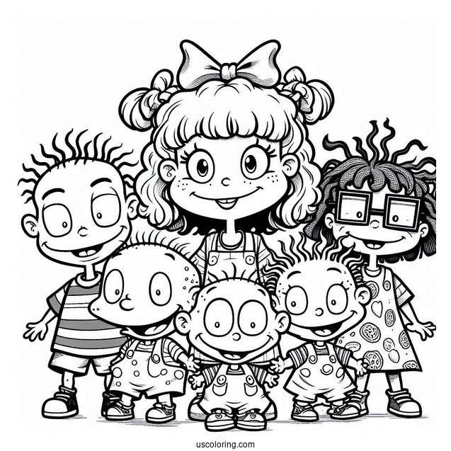 Rugrats Coloring Page Of Detailed Angelika, Tommy, Chuckie, Lillian, And Susie Rugrats