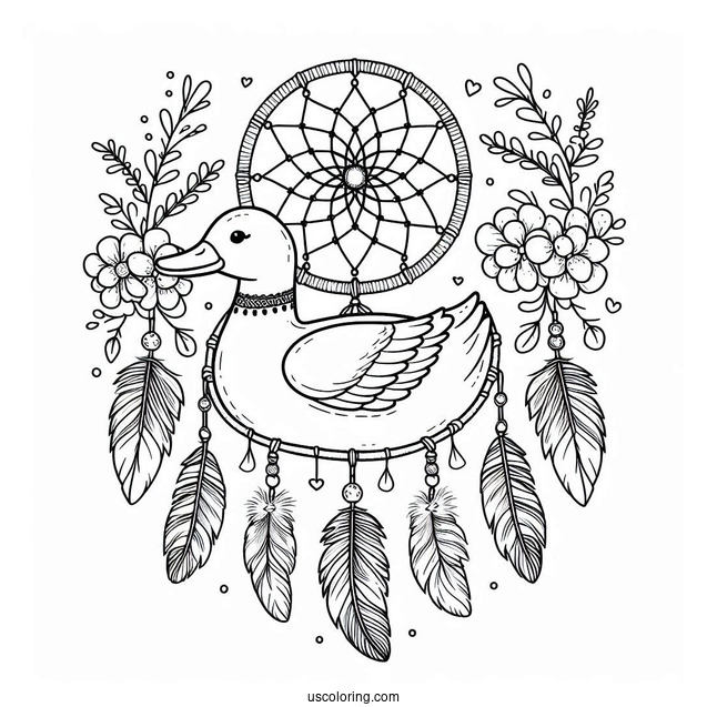 Duck Dreamcatcher with Feathers and Flowers Coloring Sheet