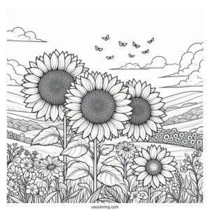 Three Sunflowers In Field Coloring