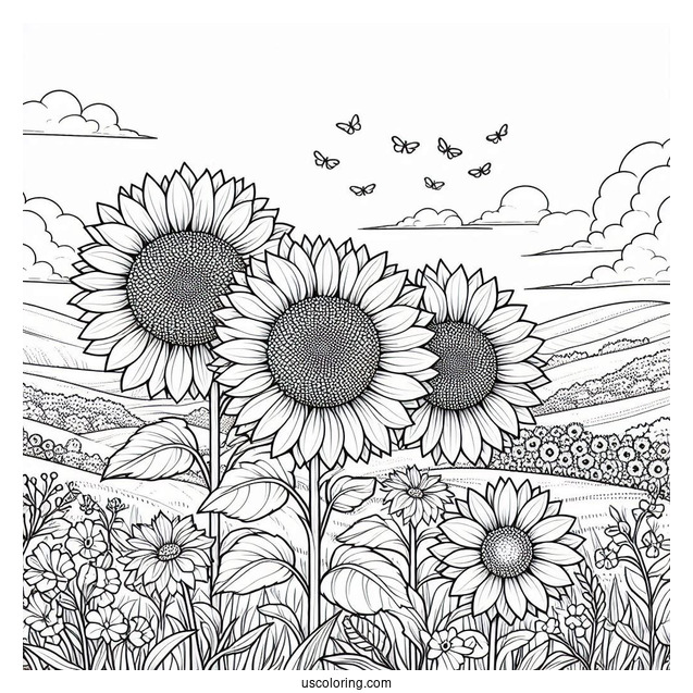 Three Sunflowers In Field Coloring