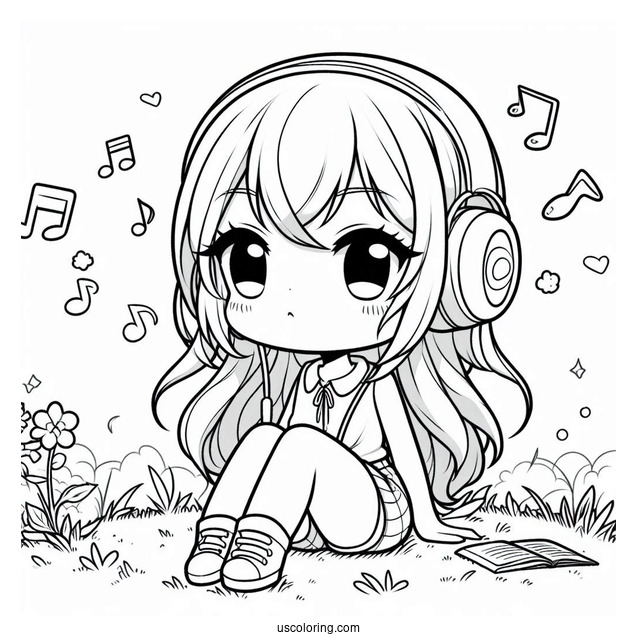Chibi Girl Listening To Music While Sitting On Grass