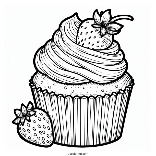 Simple Cupcake With Icing And Strawberry To Color