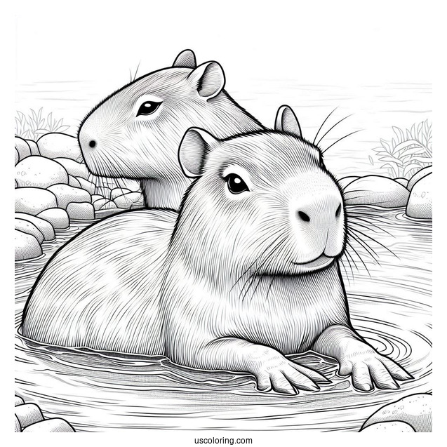 Realistic Capybara Coloring Page Taking A Bath
