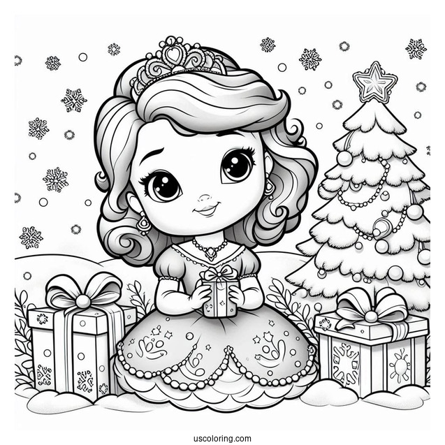 Sofia The First Coloring Page Of With Christmas Present In Snow