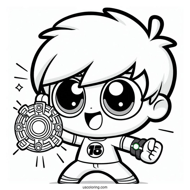 Ben 10 Coloring Page Of Kawaii Ben Ten Holding Up Omnitrix For Preschoolers