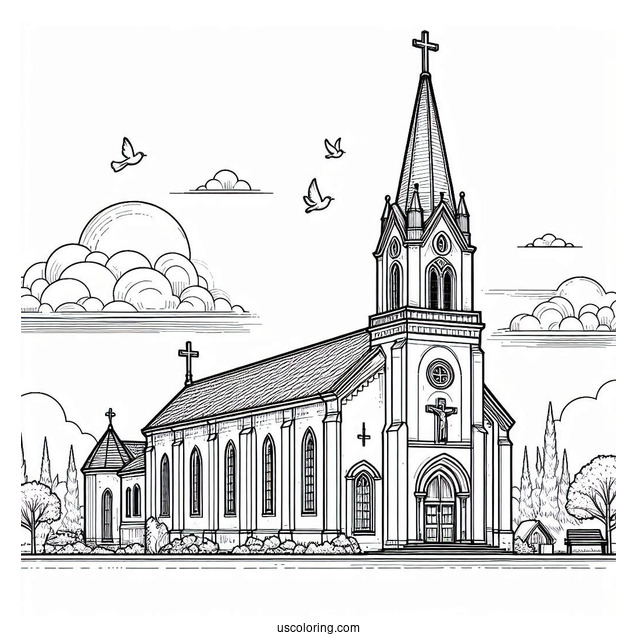 Large Catholic Church Coloring Page With A Walkway For Kids