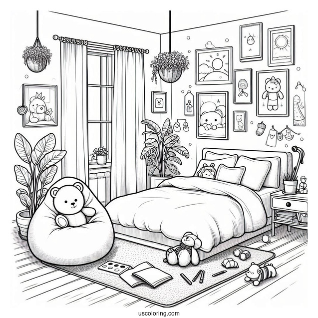 Kid's Bedroom Coloring Page With Bean Bag, Stuffed Toys, And Paintings