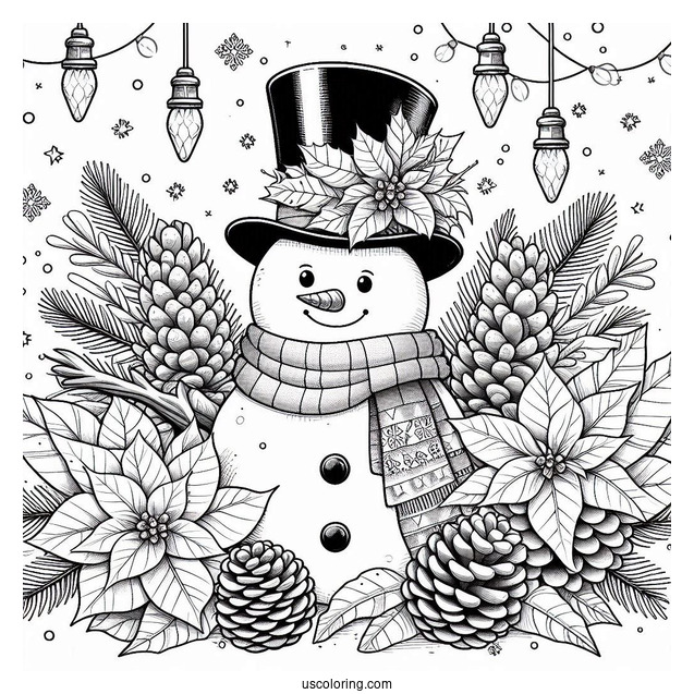 Christmas Coloring Pages For Adults Of Snowman With Top Hat Standing On Pinecones And Poinsettias