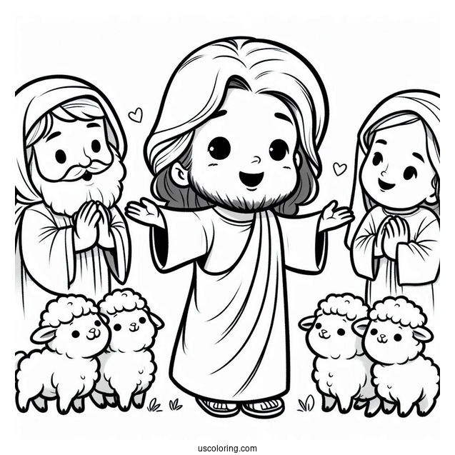 Easy Cute Cartoon Jesus With Lambs Coloring In