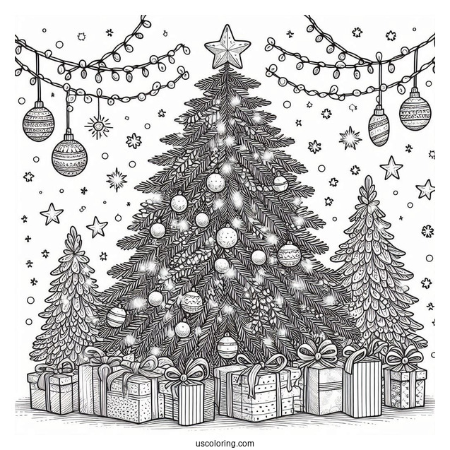 Christmas Tree With Light, Tinsel And Presents