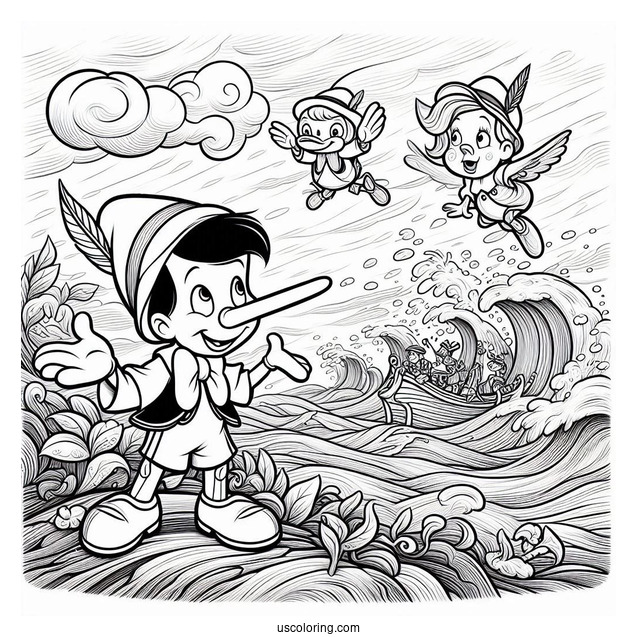 Pinocchio Coloring Page With Jiminiy, Figaro, And Cleo In Stormy Seas