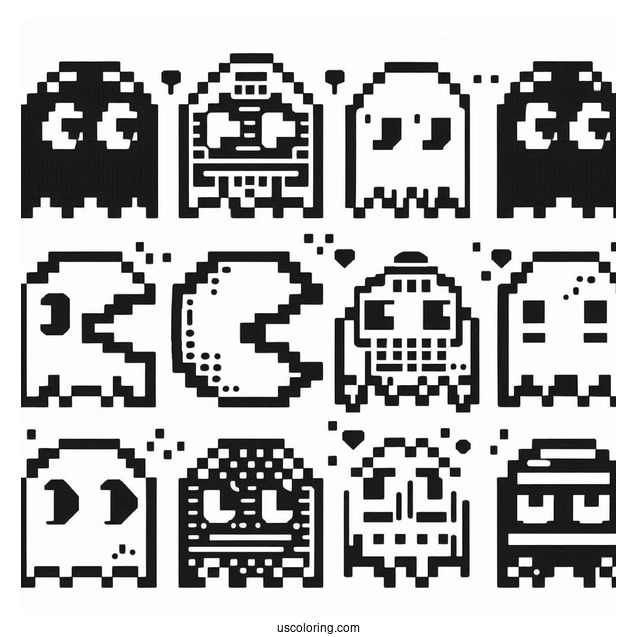 Retro Pixelated Pac-Man Coloring Page Ghosts