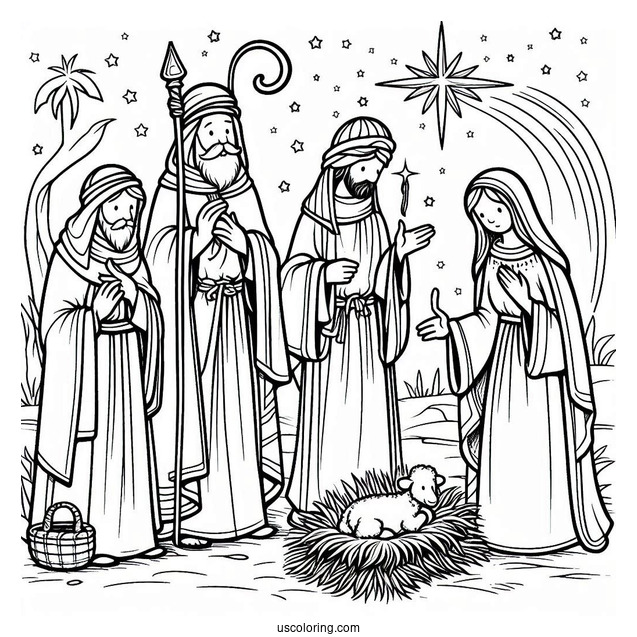 Simple Nativity Coloring Page With The Wise Men