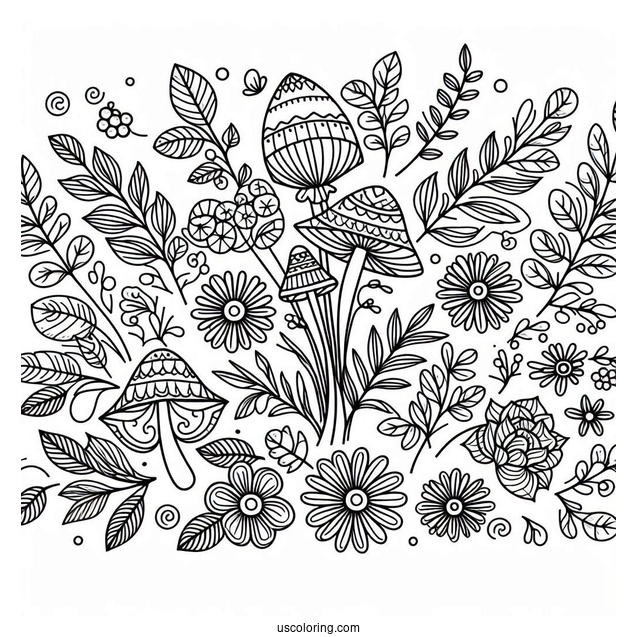 Flowers And Mushrooms Pattern Coloring Page