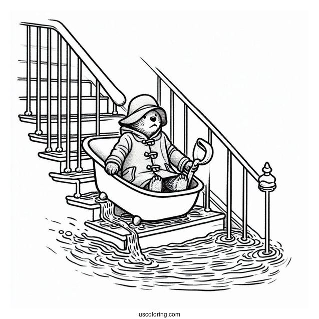 Paddington Coloring Page Riding Bathtub Down A Flooded Stairs