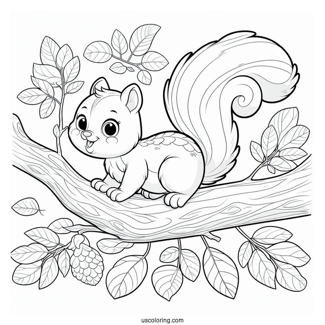 Cartoon Squirrel Coloring Page Climbing Tree Branch For Kids