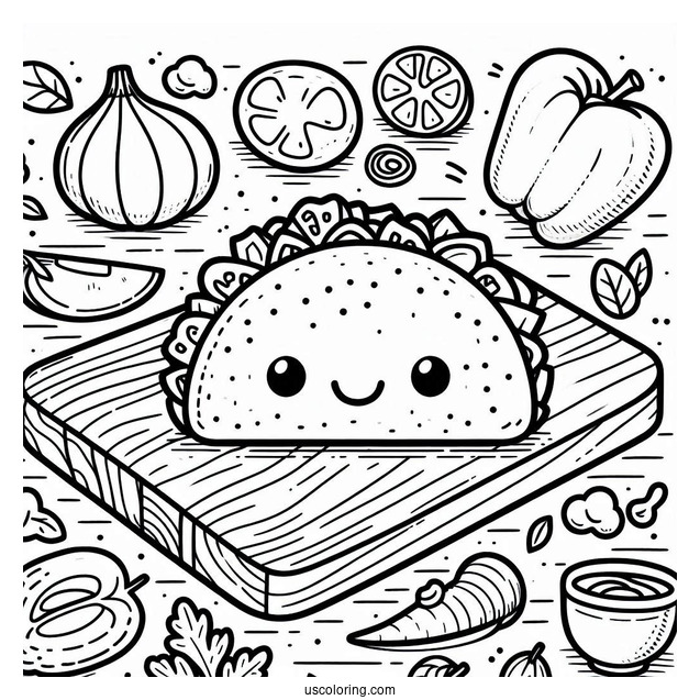 Cute Taco On A Chopping Board Surrounded By Vegetables