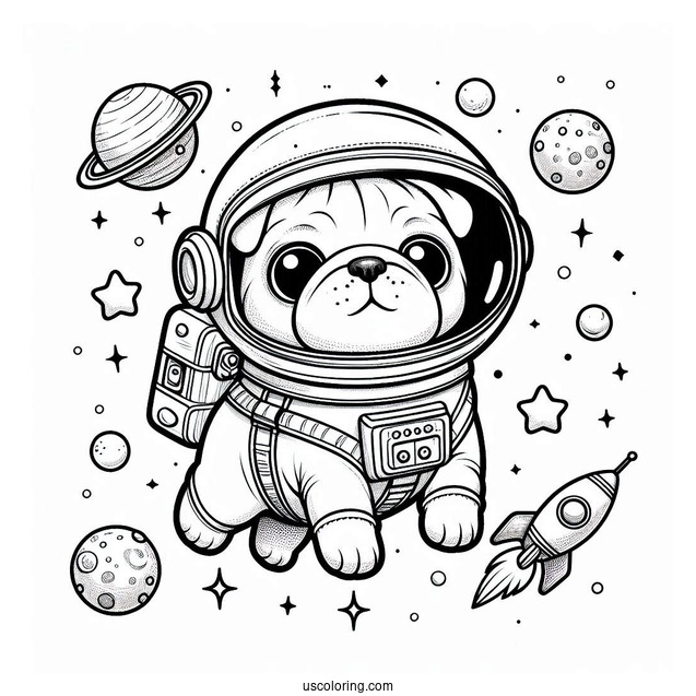 Astronaut Pug Coloring Page Floating in Outer Space